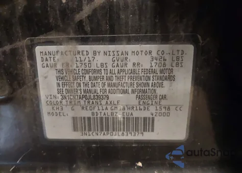 2018 Nissan Versa 1.6 Sv из США, поврежденный, VIN 3N1CN7AP0JL839379